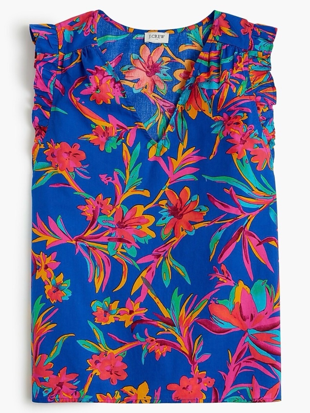 J. Crew Electric Blue Tropical Floral Ruffle Tank